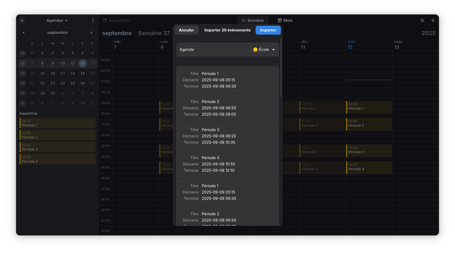 Capture d'écran de l'agenda GNOME important les événements